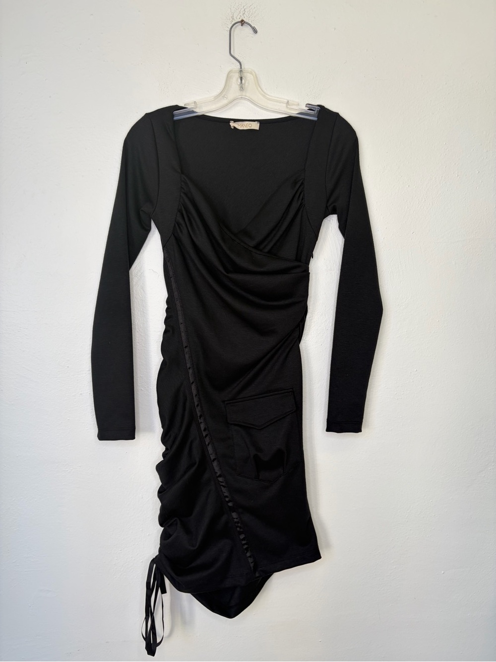 Maneq Ruched Black Long-Sleeve Wrap-Front Dress